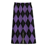Black And Purple Argyle Pattern Print Cotton Front Slit Maxi Skirt