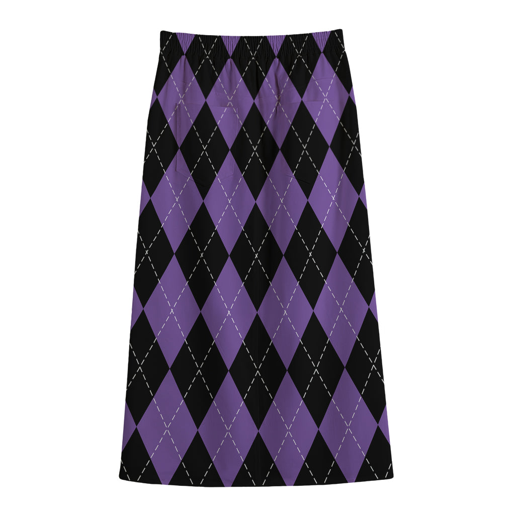 Black And Purple Argyle Pattern Print Cotton Front Slit Maxi Skirt
