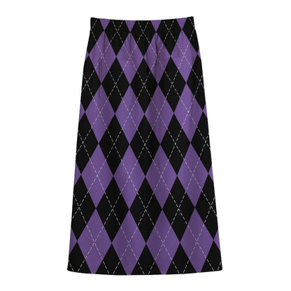 Black And Purple Argyle Pattern Print Cotton Front Slit Maxi Skirt