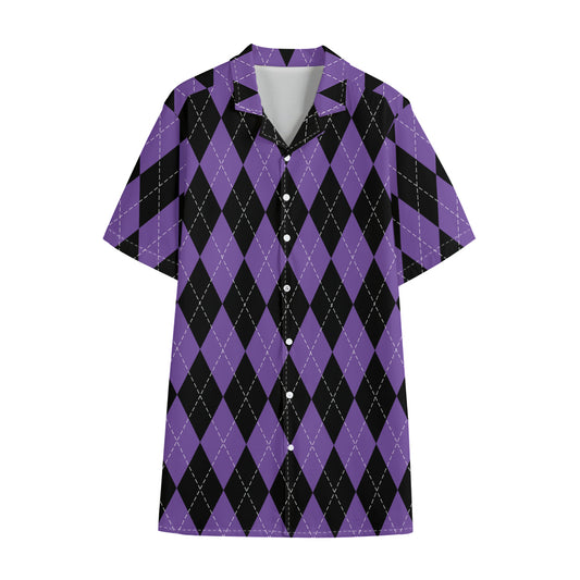 Black And Purple Argyle Pattern Print Cotton Hawaiian Shirt