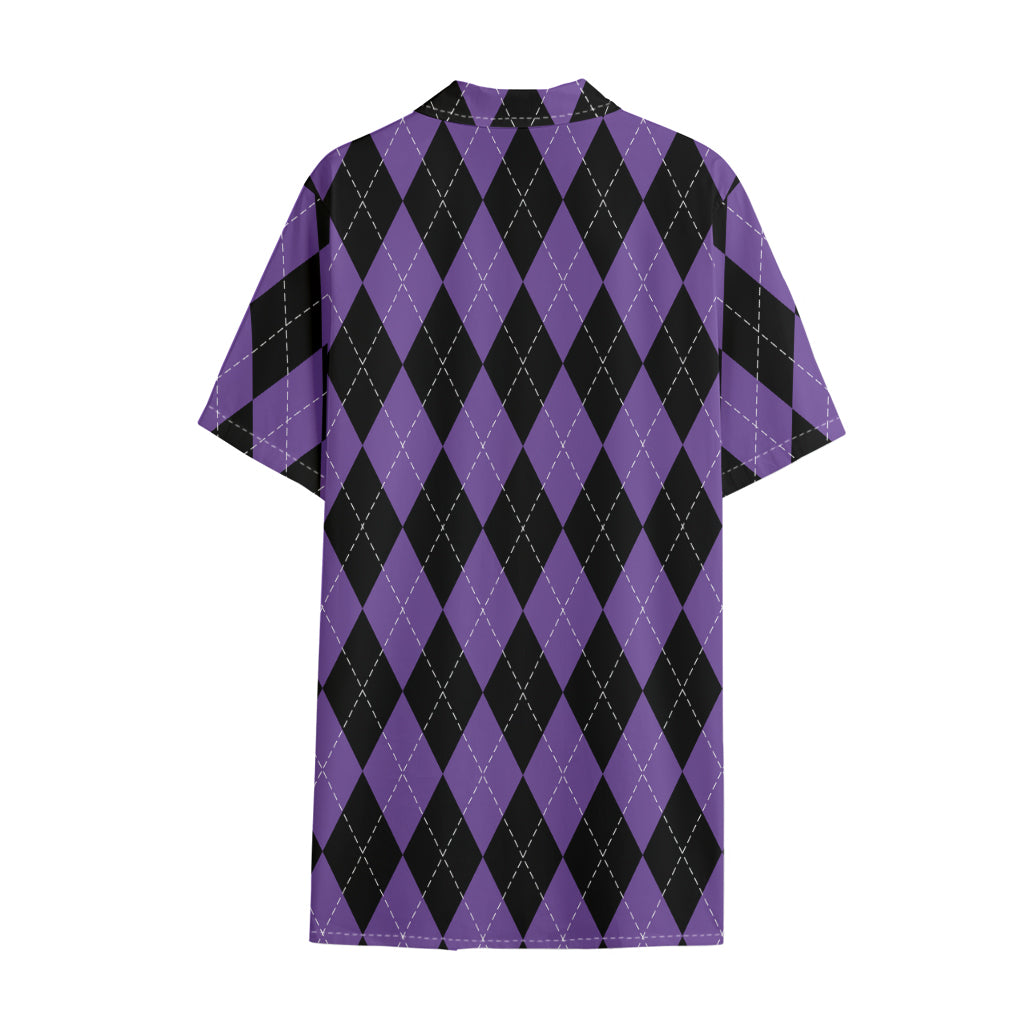 Black And Purple Argyle Pattern Print Cotton Hawaiian Shirt