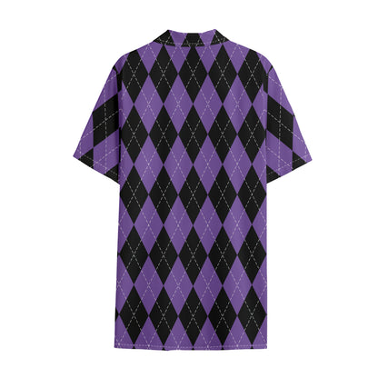 Black And Purple Argyle Pattern Print Cotton Hawaiian Shirt