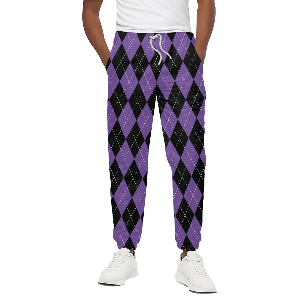 Black And Purple Argyle Pattern Print Cotton Pants