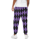 Black And Purple Argyle Pattern Print Cotton Pants