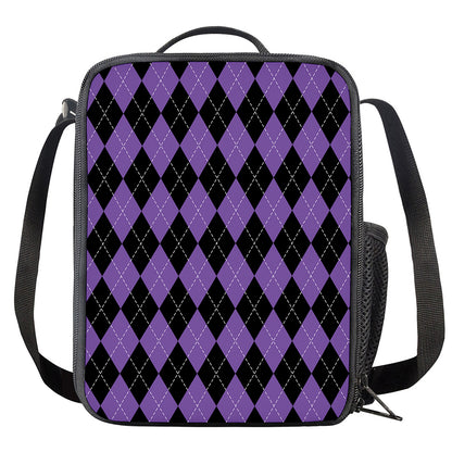 Black And Purple Argyle Pattern Print Crossbody Lunch Bag