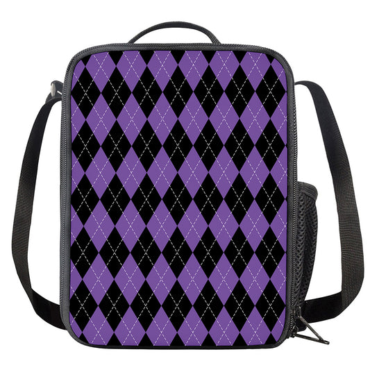 Black And Purple Argyle Pattern Print Crossbody Lunch Bag