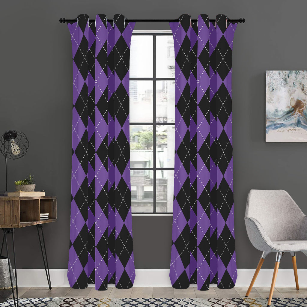 Black And Purple Argyle Pattern Print Curtain