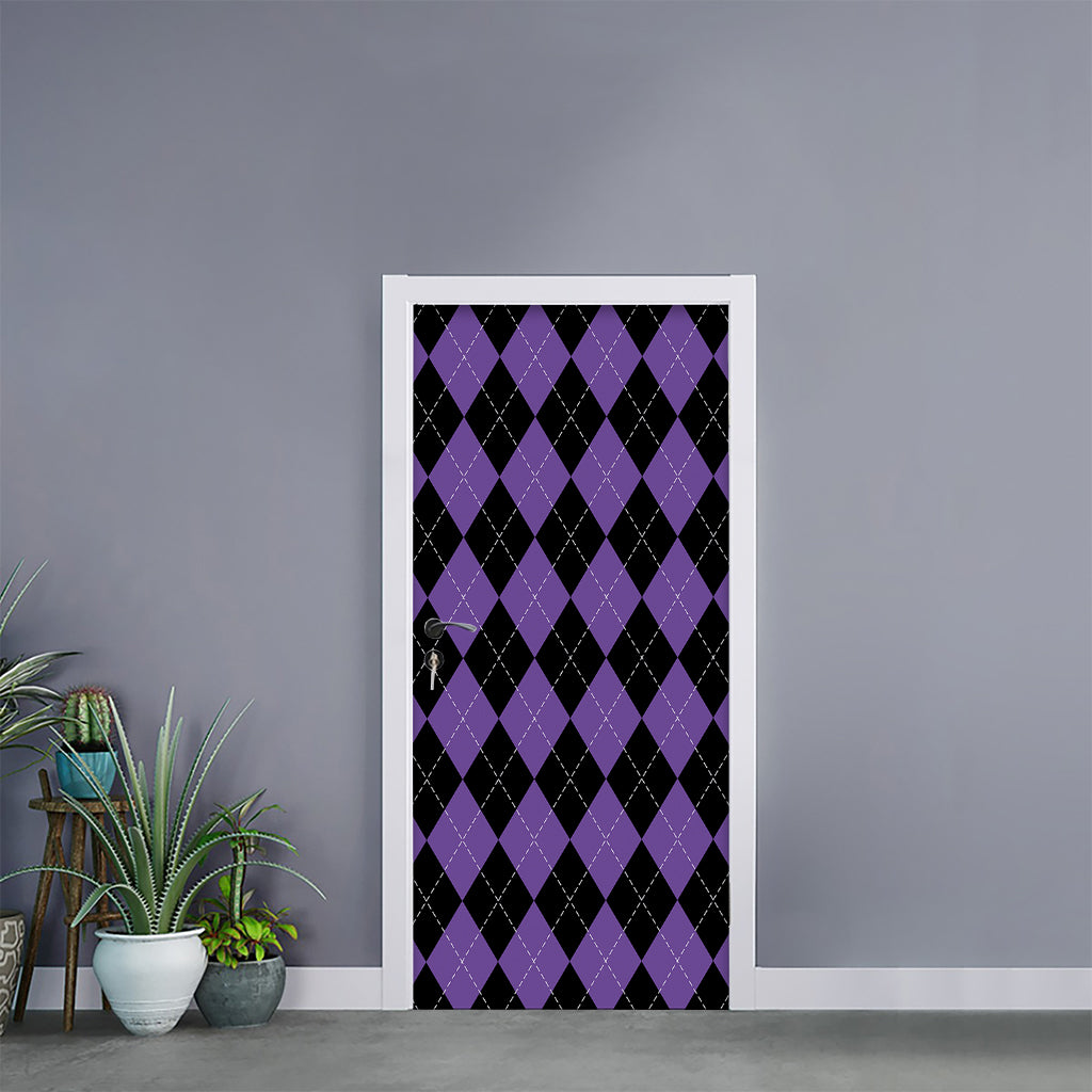 Black And Purple Argyle Pattern Print Door Sticker