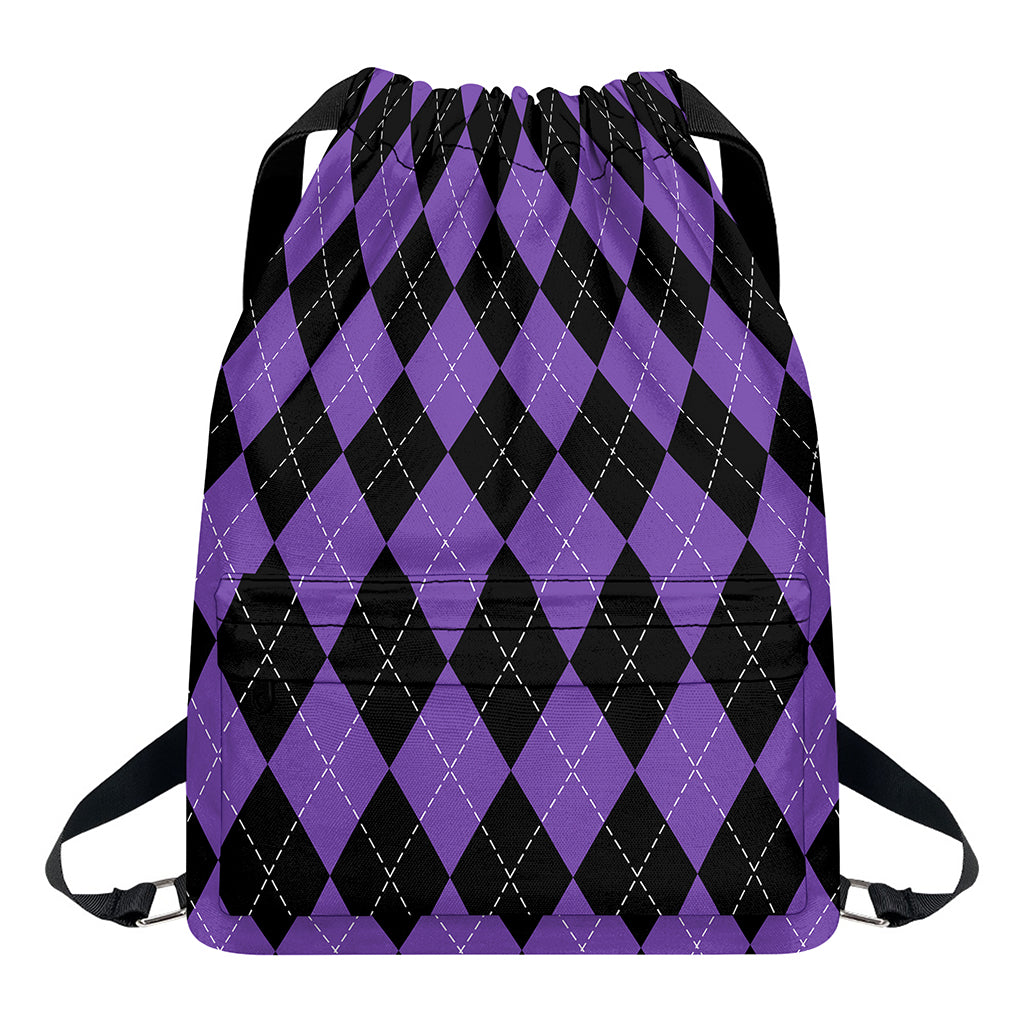 Black And Purple Argyle Pattern Print Drawstring Backpack