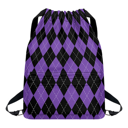 Black And Purple Argyle Pattern Print Drawstring Backpack