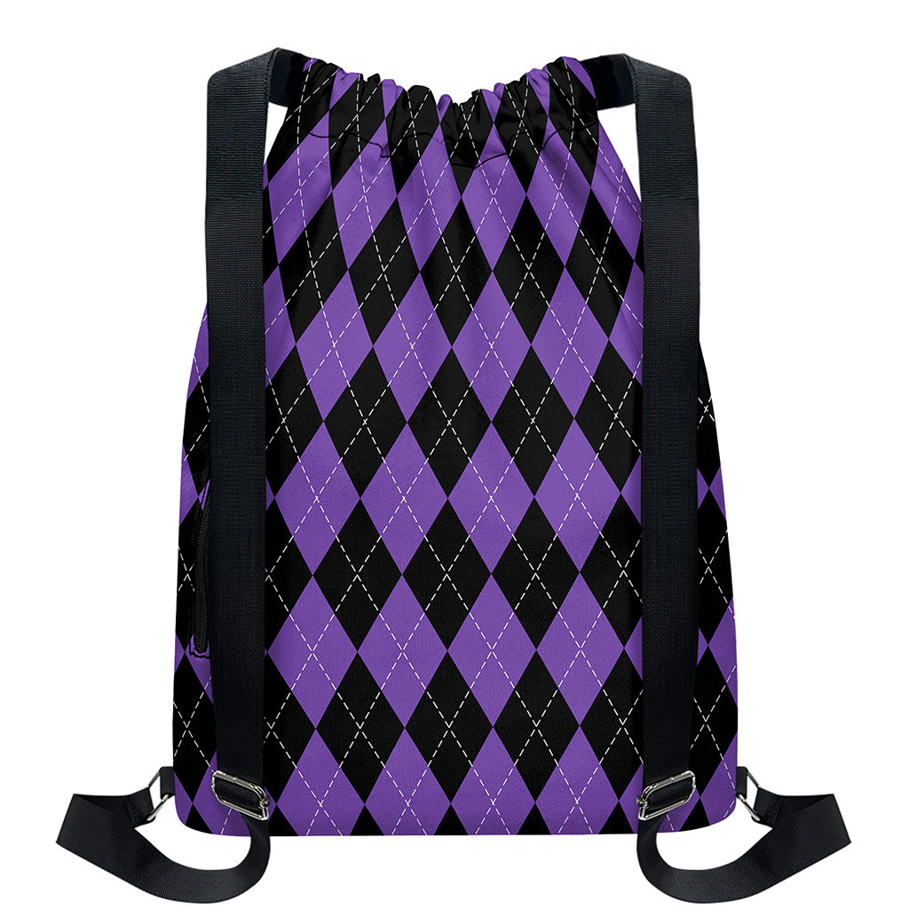 Black And Purple Argyle Pattern Print Drawstring Backpack