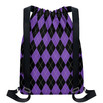 Black And Purple Argyle Pattern Print Drawstring Backpack