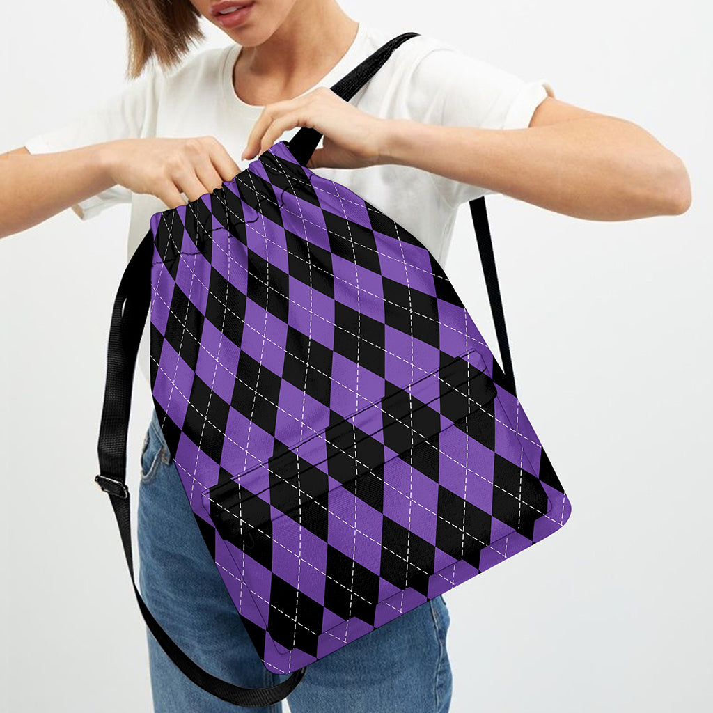Black And Purple Argyle Pattern Print Drawstring Backpack