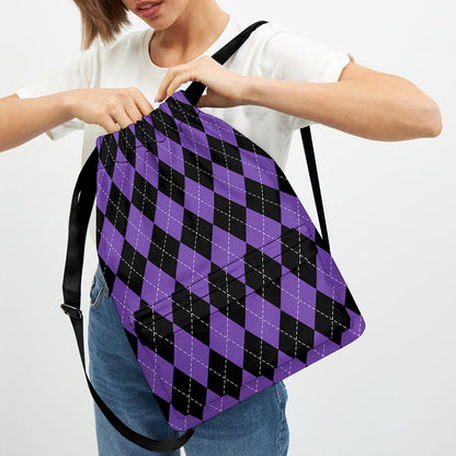 Black And Purple Argyle Pattern Print Drawstring Backpack
