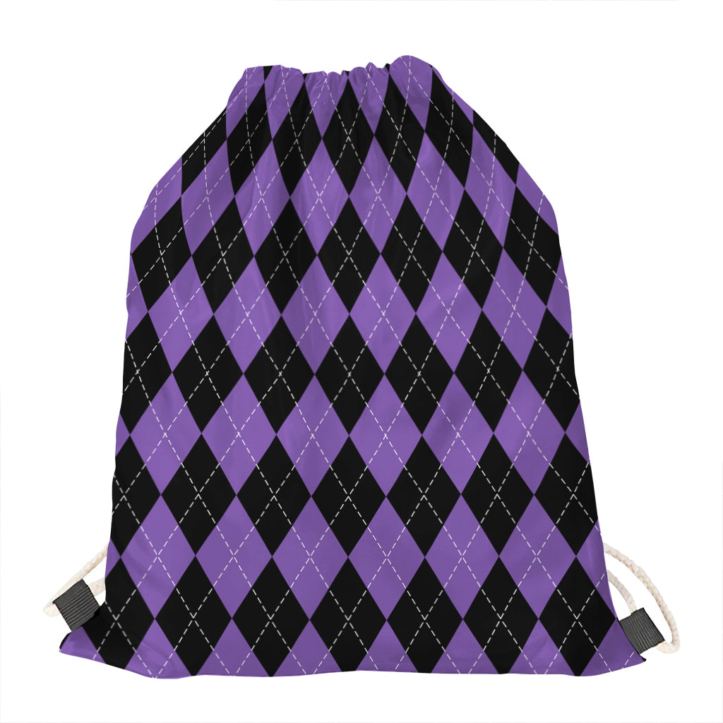 Black And Purple Argyle Pattern Print Drawstring Bag