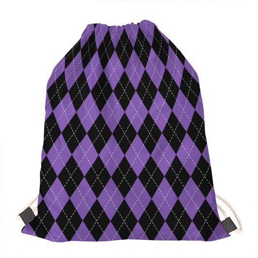 Black And Purple Argyle Pattern Print Drawstring Bag
