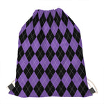 Black And Purple Argyle Pattern Print Drawstring Bag