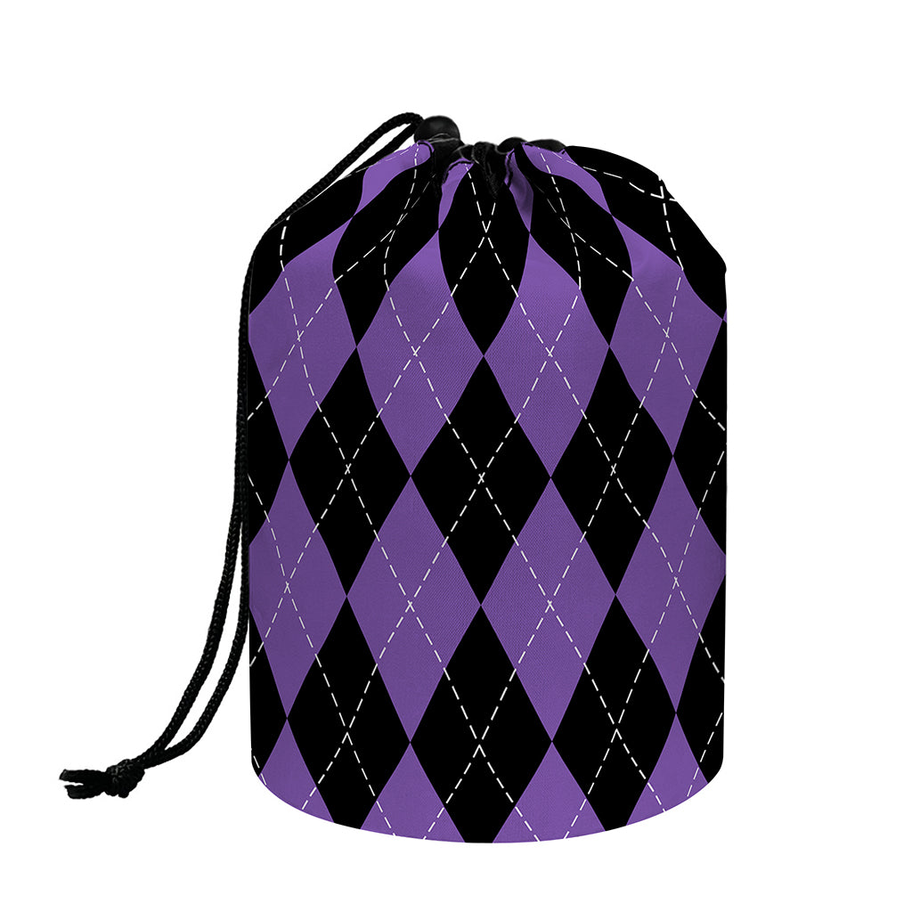 Black And Purple Argyle Pattern Print Drawstring Makeup Bag