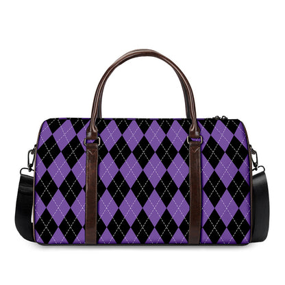 Black And Purple Argyle Pattern Print Duffle Bag