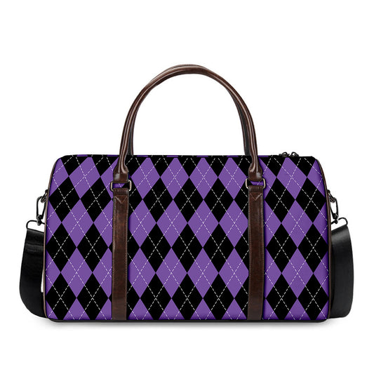 Black And Purple Argyle Pattern Print Duffle Bag