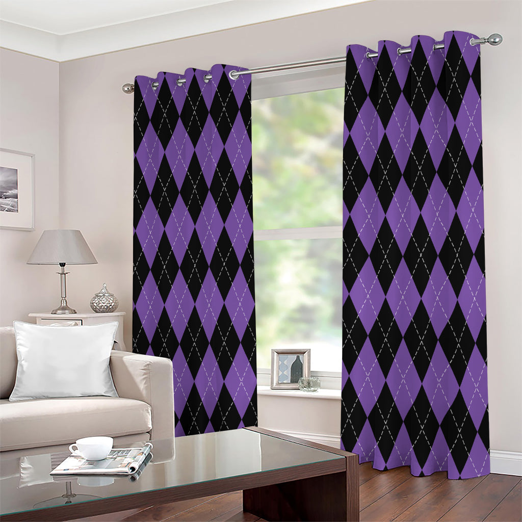 Black And Purple Argyle Pattern Print Extra Wide Grommet Curtains