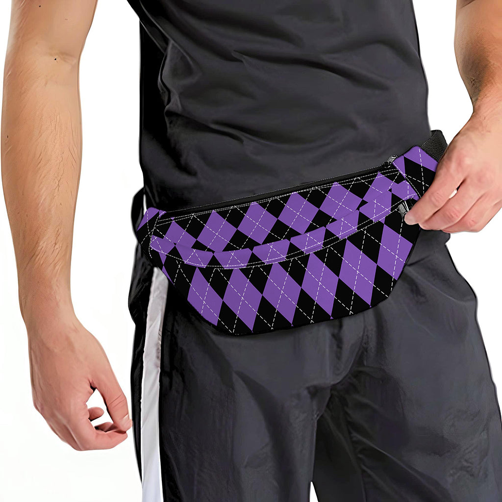 Black And Purple Argyle Pattern Print Fanny Pack