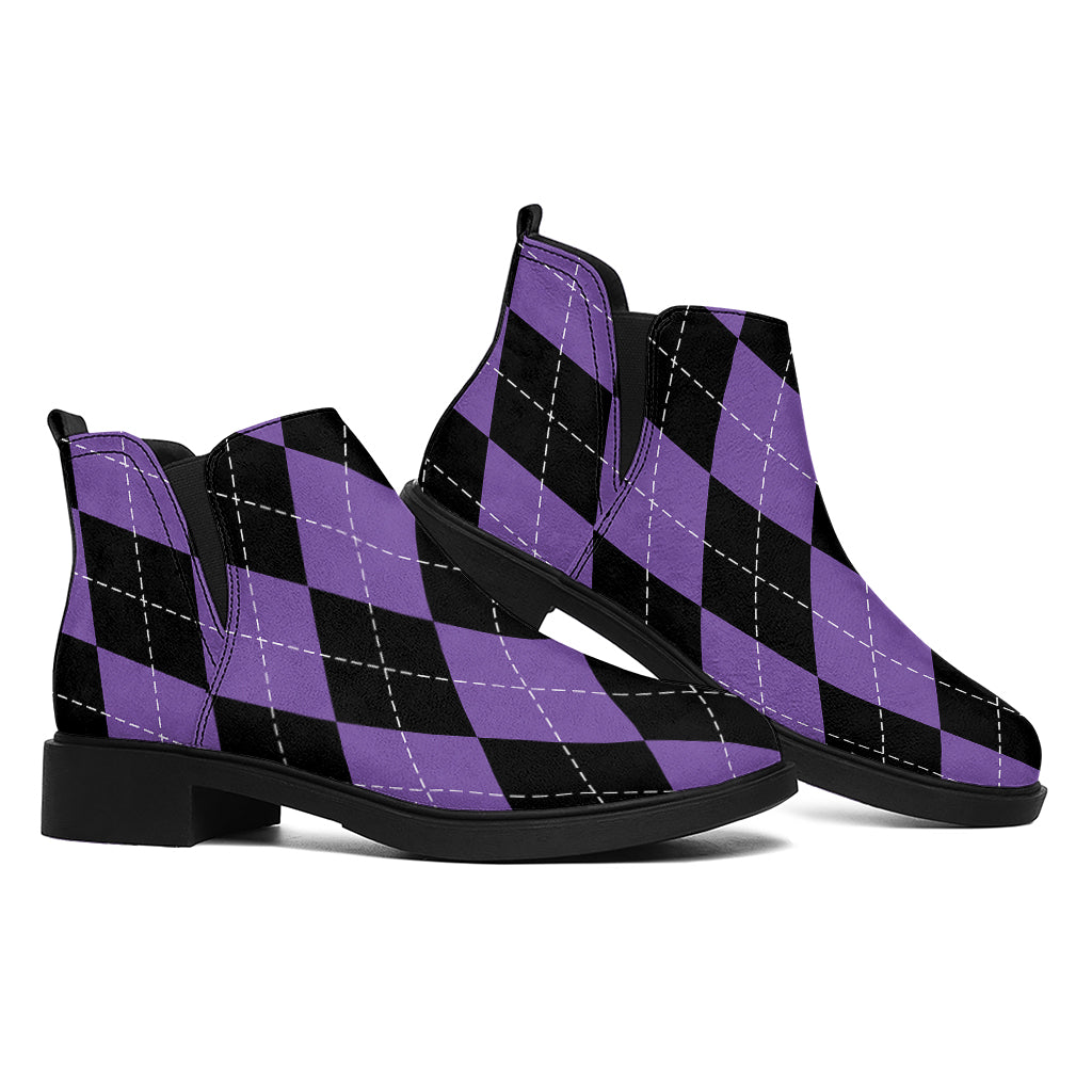 Black And Purple Argyle Pattern Print Flat Ankle Boots