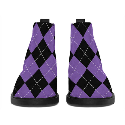 Black And Purple Argyle Pattern Print Flat Ankle Boots