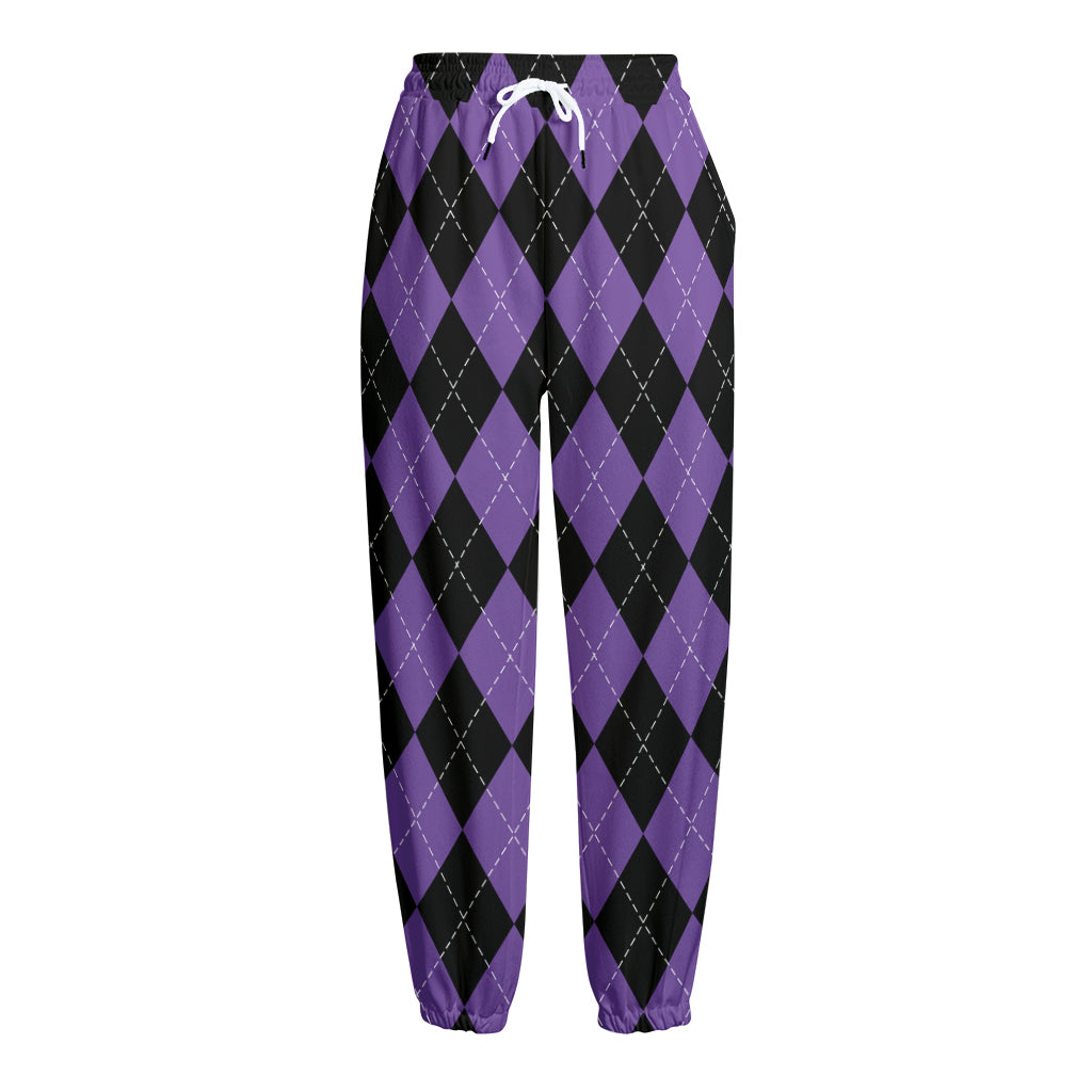 Black And Purple Argyle Pattern Print Fleece Lined Knit Pants