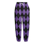 Black And Purple Argyle Pattern Print Fleece Lined Knit Pants