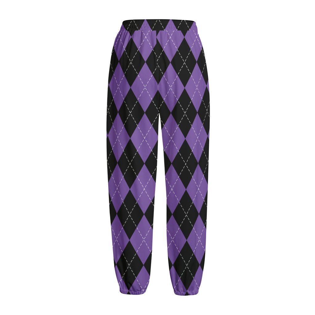 Black And Purple Argyle Pattern Print Fleece Lined Knit Pants