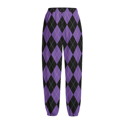 Black And Purple Argyle Pattern Print Fleece Lined Knit Pants