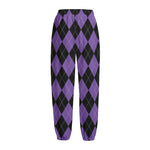 Black And Purple Argyle Pattern Print Fleece Lined Knit Pants
