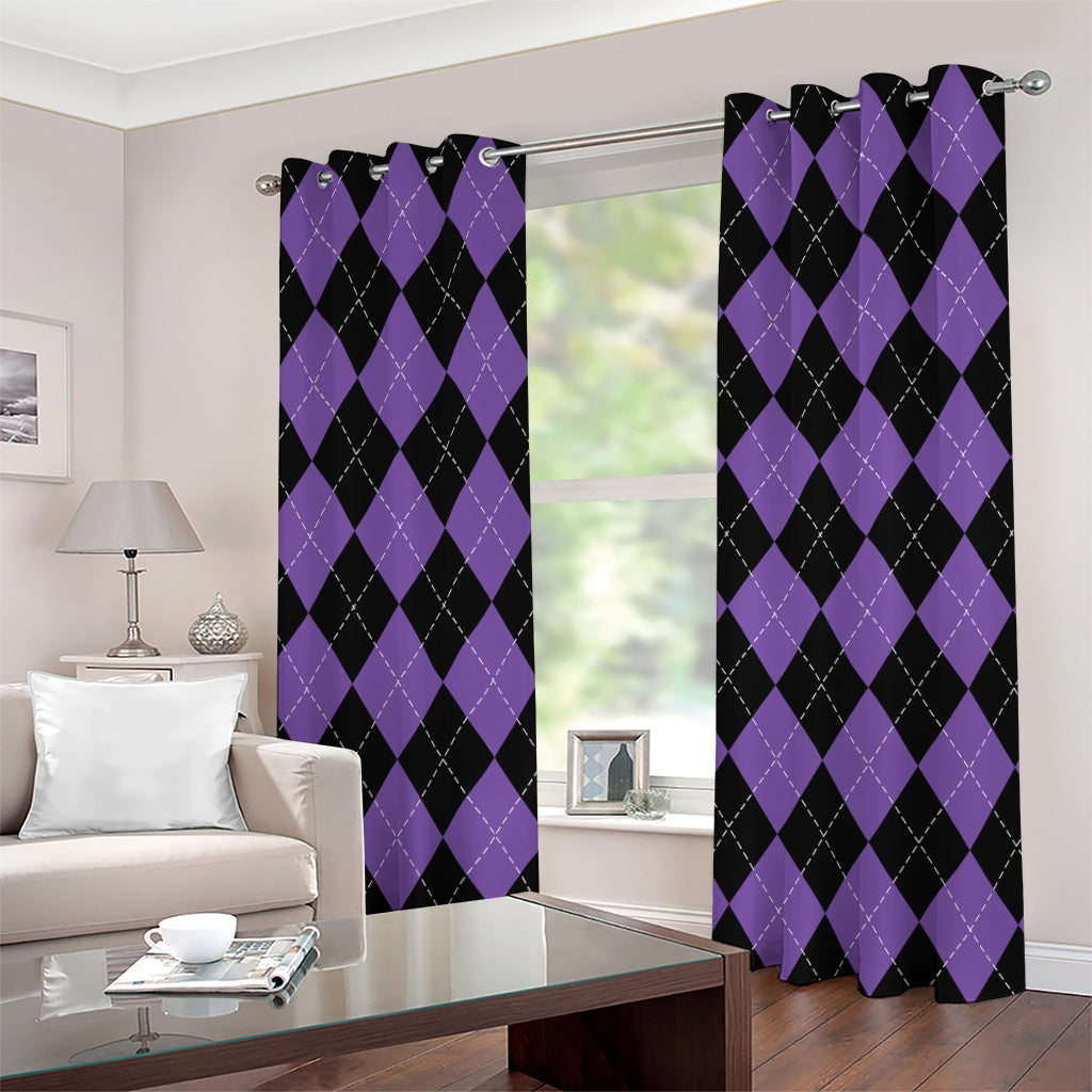 Black And Purple Argyle Pattern Print Grommet Curtains