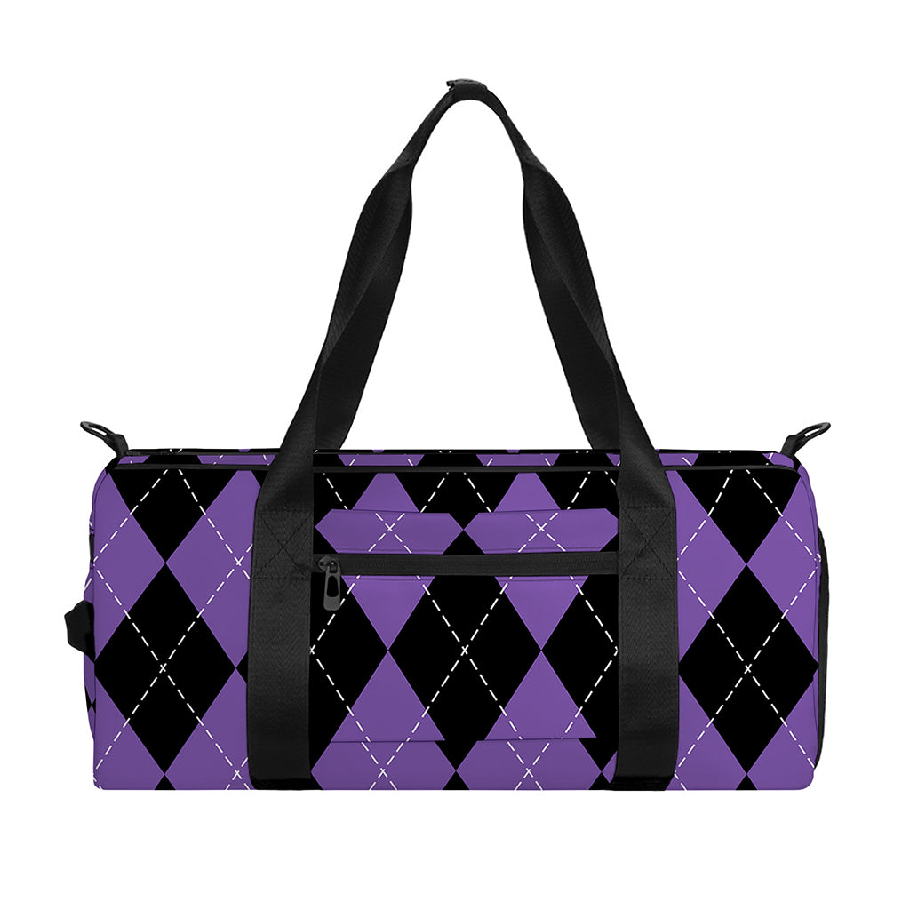 Black And Purple Argyle Pattern Print Gym Bag