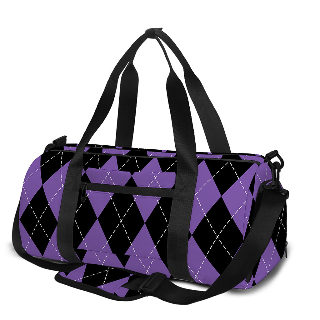 Black And Purple Argyle Pattern Print Gym Bag