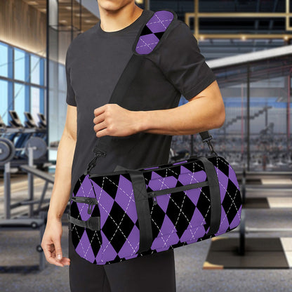 Black And Purple Argyle Pattern Print Gym Bag