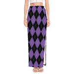 Black And Purple Argyle Pattern Print High Slit Maxi Skirt