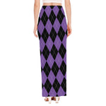 Black And Purple Argyle Pattern Print High Slit Maxi Skirt
