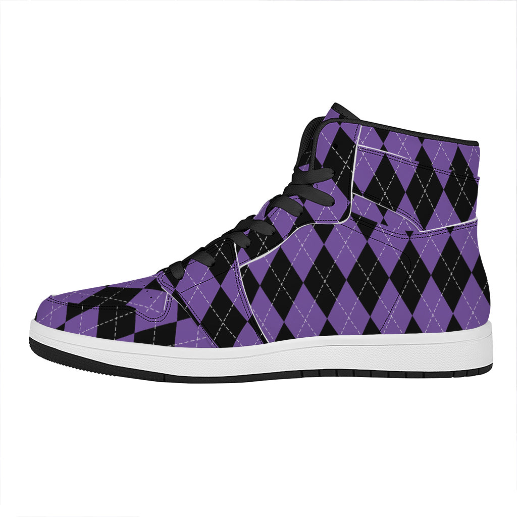 Black And Purple Argyle Pattern Print High Top Leather Sneakers