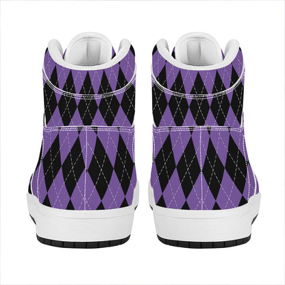 Black And Purple Argyle Pattern Print High Top Leather Sneakers