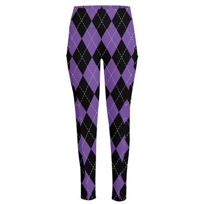 Black And Purple Argyle Pattern Print High-Waisted Pocket Leggings