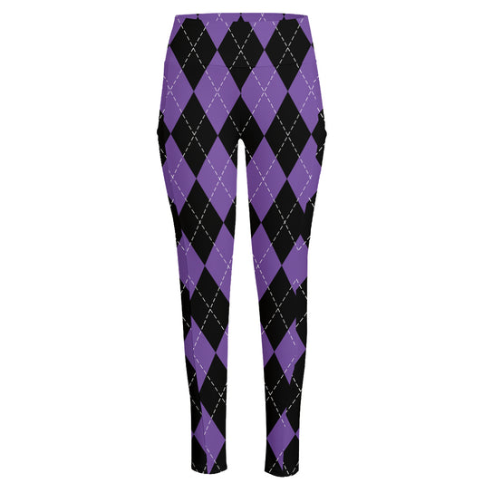 Black And Purple Argyle Pattern Print High-Waisted Pocket Leggings