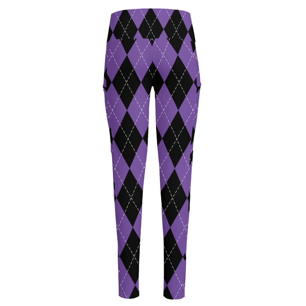 Black And Purple Argyle Pattern Print High-Waisted Pocket Leggings