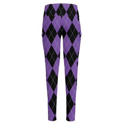 Black And Purple Argyle Pattern Print High-Waisted Pocket Leggings