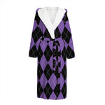 Black And Purple Argyle Pattern Print Hooded Bathrobe