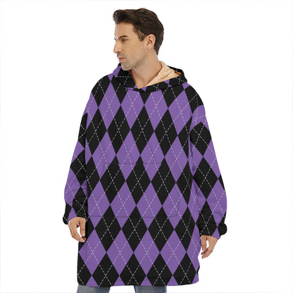 Black And Purple Argyle Pattern Print Hoodie Blanket