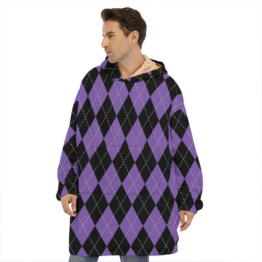 Black And Purple Argyle Pattern Print Hoodie Blanket