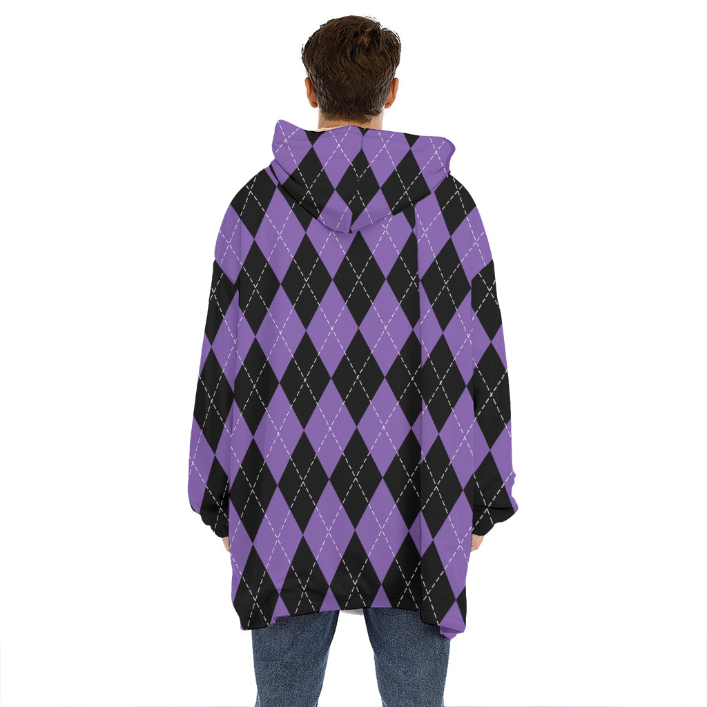 Black And Purple Argyle Pattern Print Hoodie Blanket