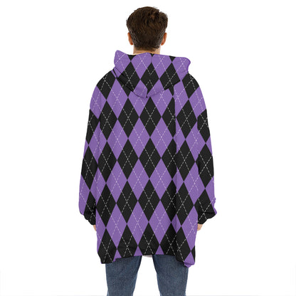 Black And Purple Argyle Pattern Print Hoodie Blanket
